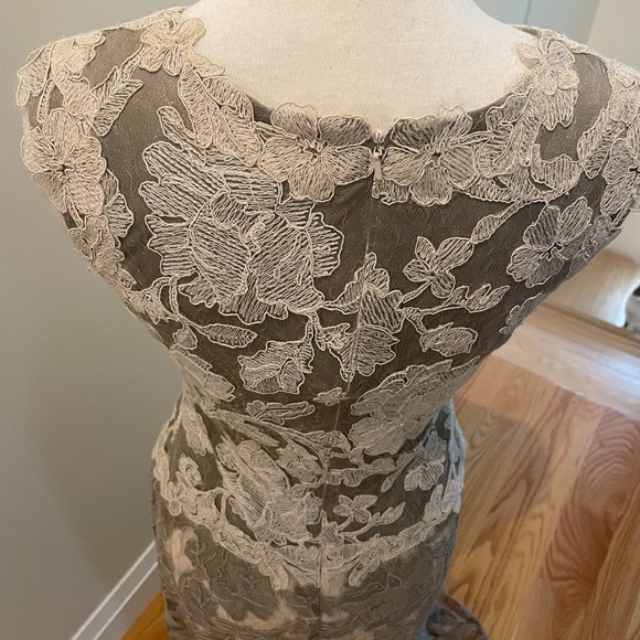 Tadashi Shoji Scalloped V-Neck Sleeveless Two Tone Corded Lace Gown - Picture 6 of 10